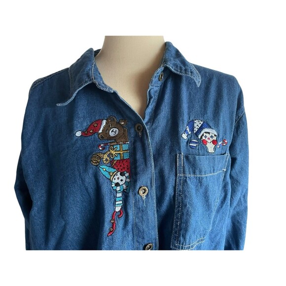 Vintage Women's Christmas ELF & Toys Long Sleeve Denim Jean Shirt Size XL Cotton - Picture 1 of 9